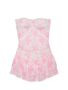 LoveShackFancy Strapless Lace Chemise in Pink and White